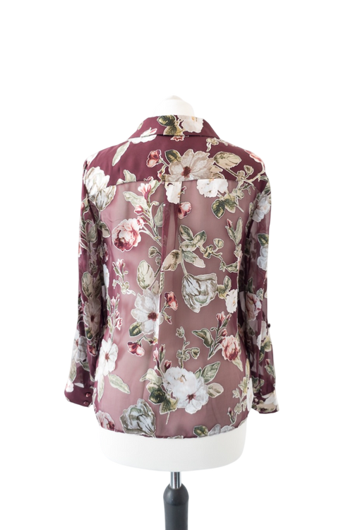 Alice + Olivia  Burgundy Silk Sheer Floral Shirt UK S