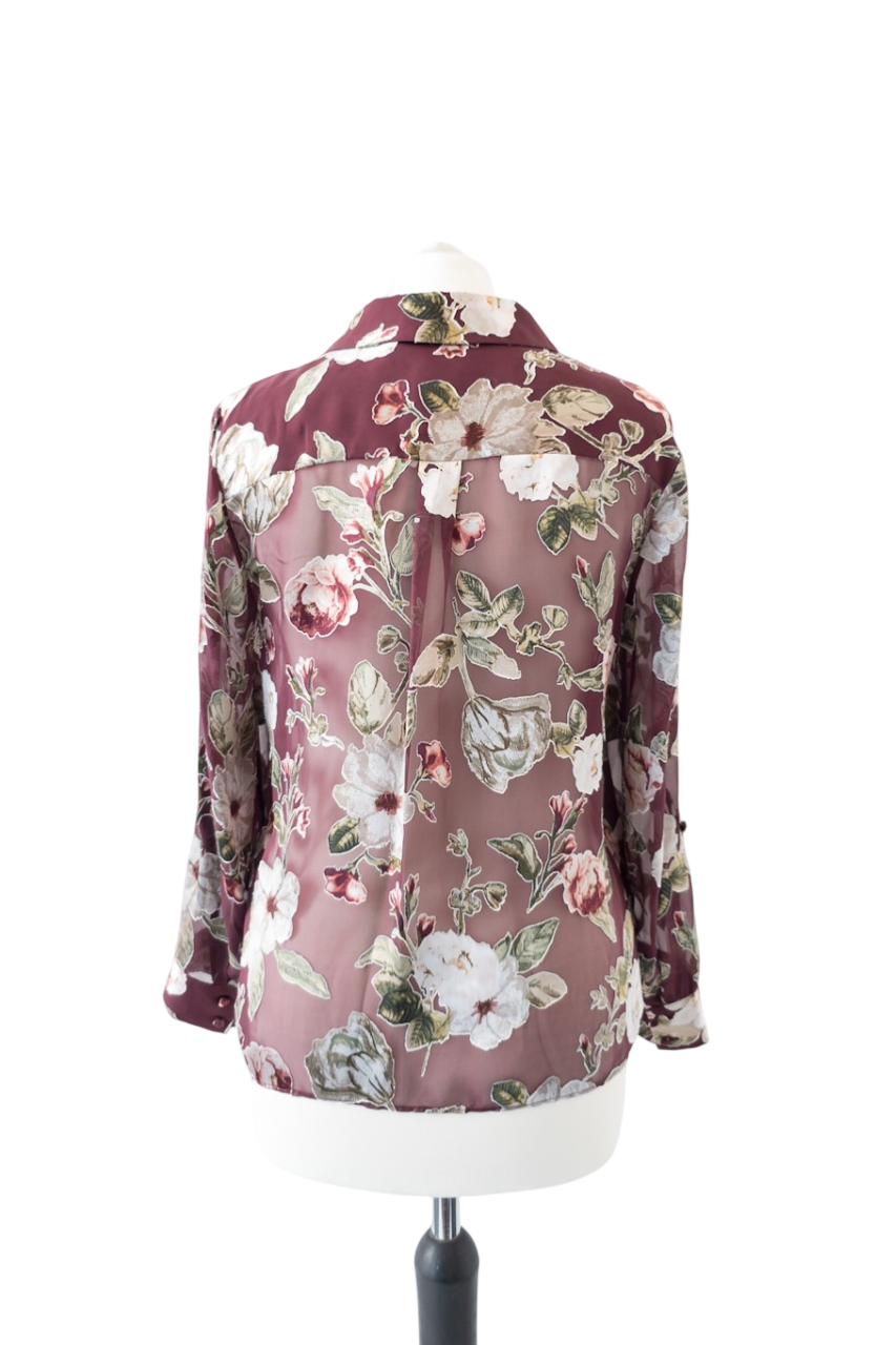Alice + Olivia  Burgundy Silk Sheer Floral Shirt UK S