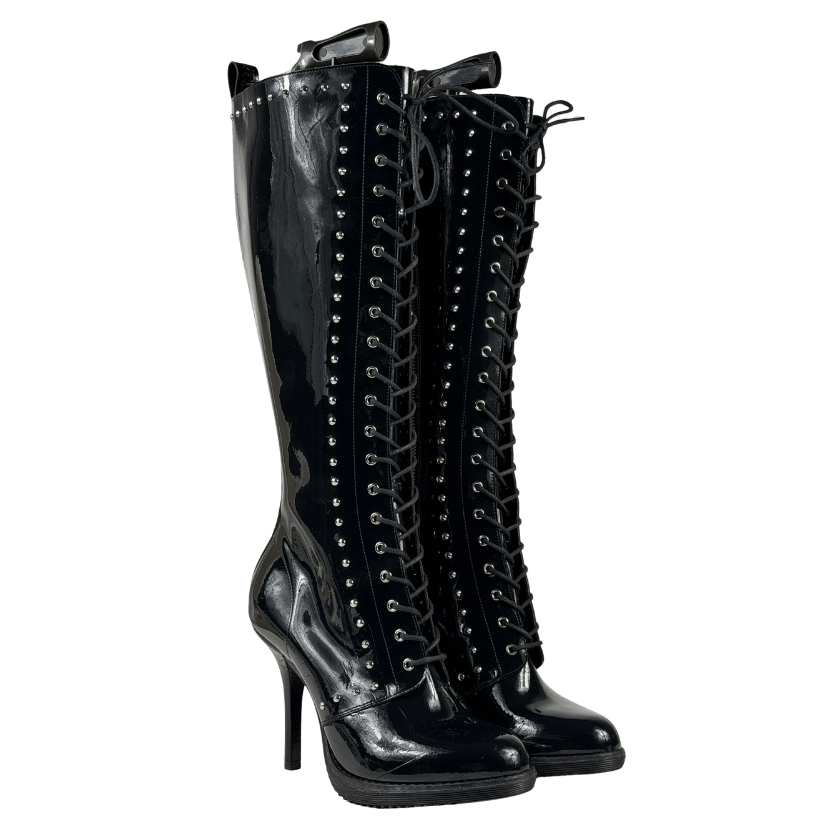 DR MARTENS Dreama Studded Knee High Black Patent Leather Boots UK 7 EU 40 👠