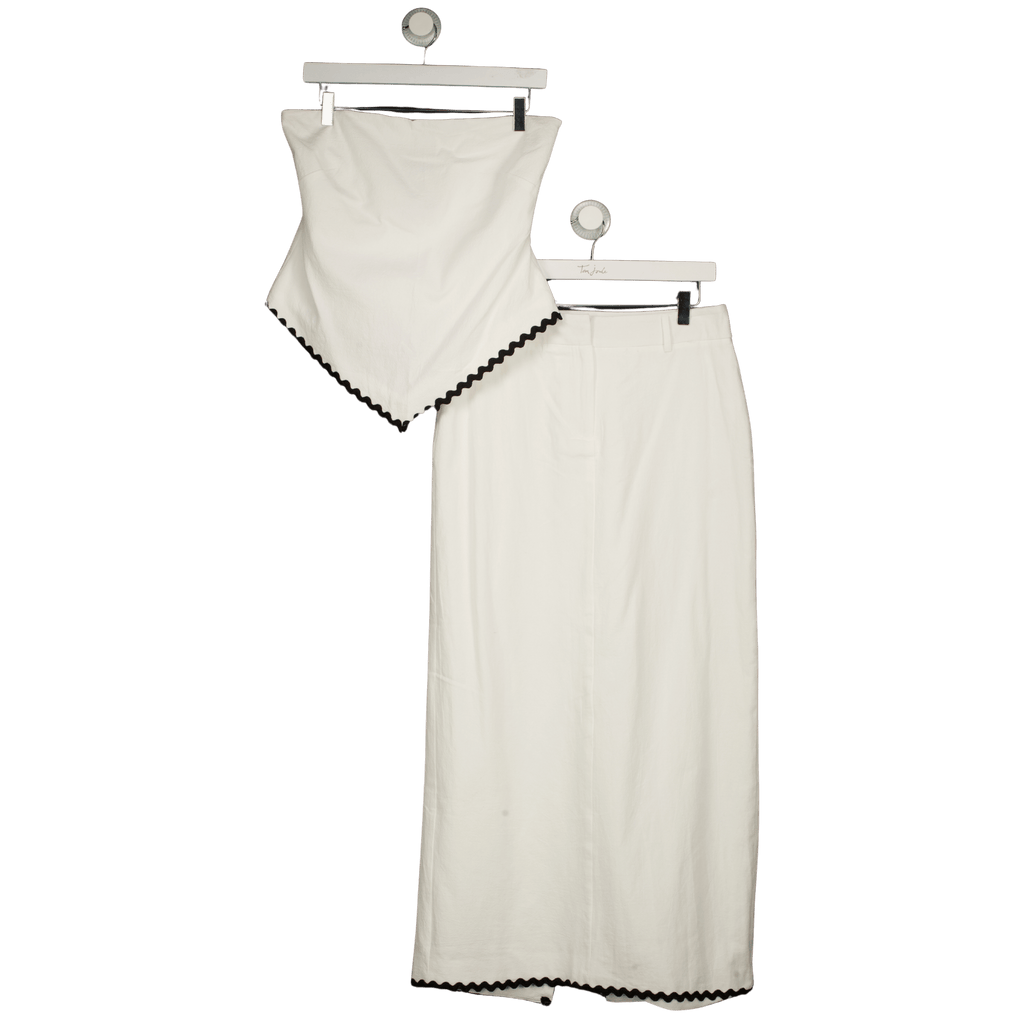 4th & Reckless White Linen Look Bandeau Envelope Hem Contrast Scallop Trim Top (uk 8)  And Maxi Skirt (uk 10) Co-ord Set UK S/M