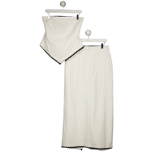 4th & Reckless White Linen Look Bandeau Envelope Hem Contrast Scallop Trim Top (uk 8)  And Maxi Skirt (uk 10) Co-ord Set UK S/M