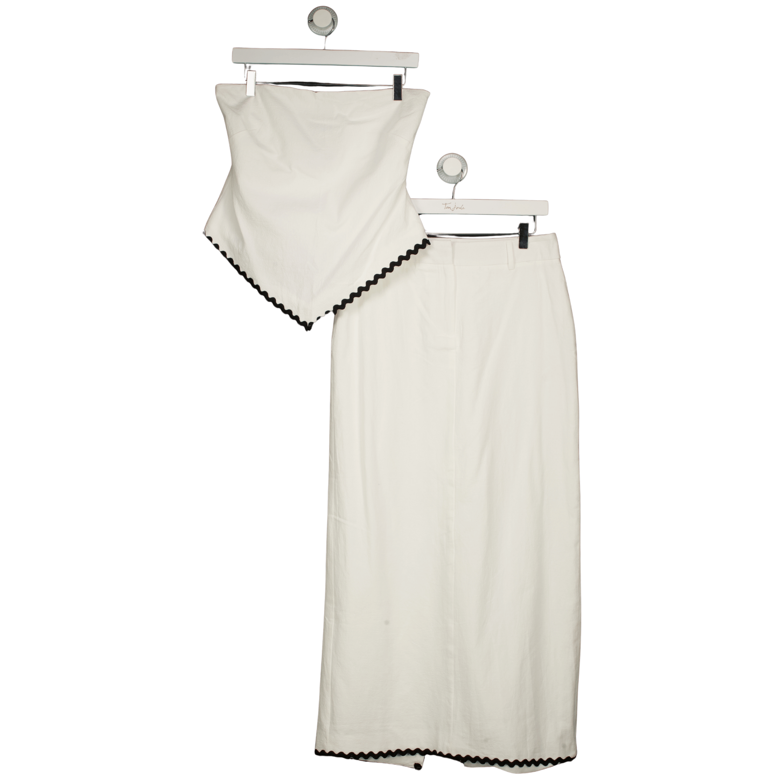 4th & Reckless White Linen Look Bandeau Envelope Hem Contrast Scallop Trim Top (uk 8)  And Maxi Skirt (uk 10) Co-ord Set UK S/M