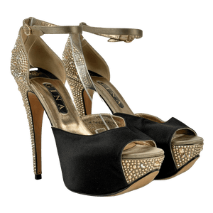 GINA Black / Gold Rhinestone-embellished Peep-toe Platform Pumps UK 7.5 EU 40.5