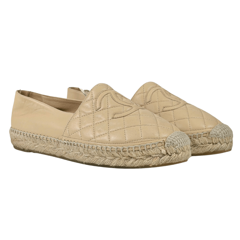 CHANEL Beige Leather Cc Quilted Espadrilles Flats UK 5 EU 38