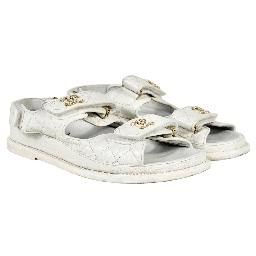 CHANEL White Quilted Caviar Leather Dad CC Logo Flat Sandals UK 5 EU 38 👠