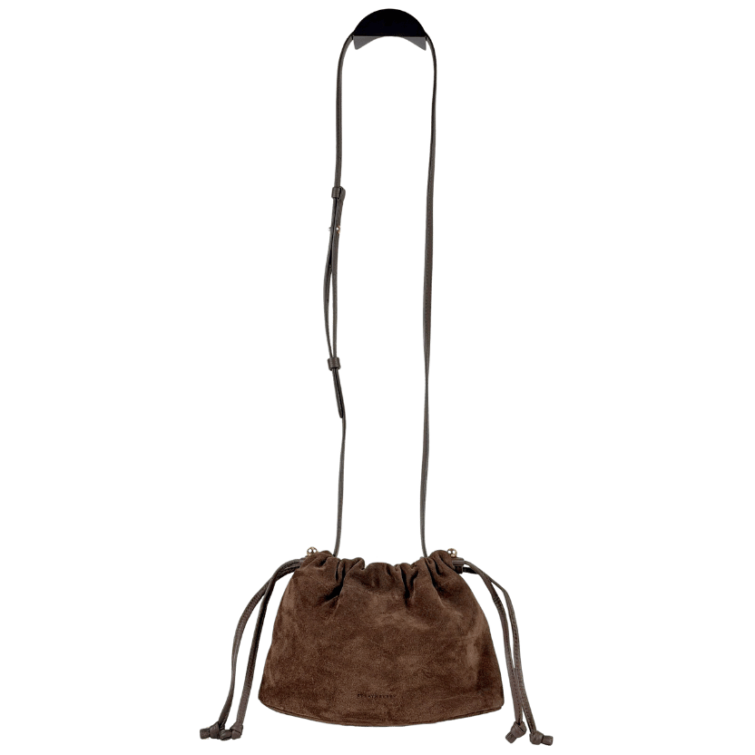 STRATHBERRY Chocolate Brown Suede Leather Charlotte Drawstring Bag