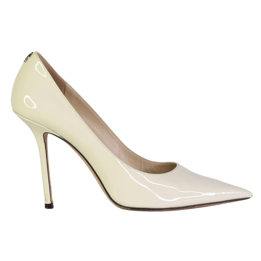 JIMMY CHOO Ivory Cream Love Patent Leather Heels With Silver Logo UK 7 EU 40 👠