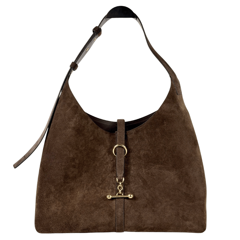 STRATHBERRY Chocolate Brown Suede Kit Tote Bag With Gold Hardware