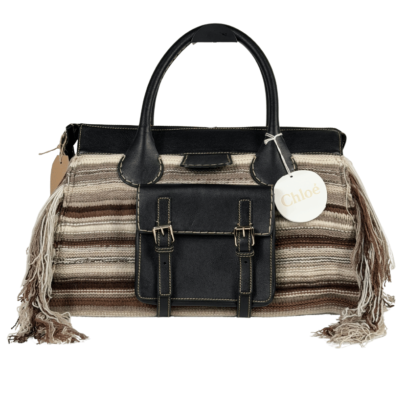CHLOE Brown Edith Large Fringe-trimmed Striped Cashmere And Leather Tote Bag