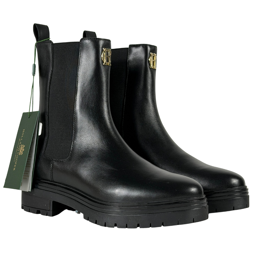 HOLLAND COOPER Black Leather Astoria Chelsea Ankle Boot With Gold Hc Logo UK 5 EU 38 👠