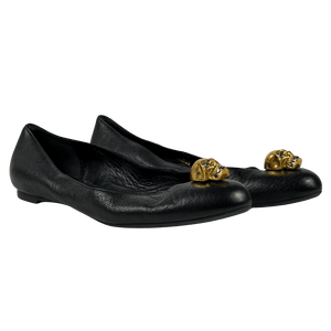 ALEXANDER MCQUEEN Black Leather / Gold Skull City Ballet Flats UK 7.5 EU 40.5