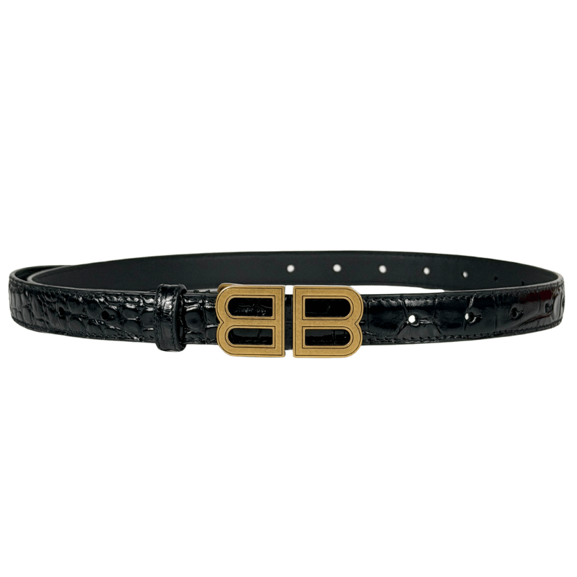 BALENCIAGA BB Thin Belt In Black Embossed Calfskin Leather 80cm One Size