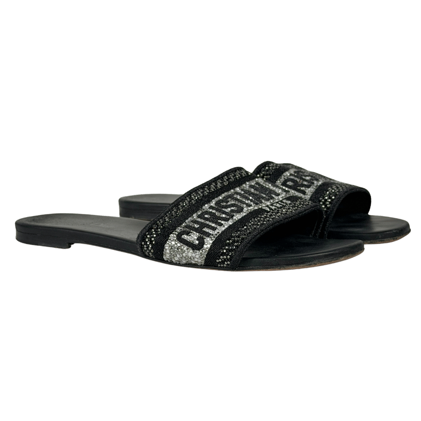 DIOR Black Black/silver Canvas Crystal Embellished Dway Flat Slides UK 5 EU 38