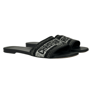 DIOR Black Black/silver Canvas Crystal Embellished Dway Flat Slides UK 5 EU 38