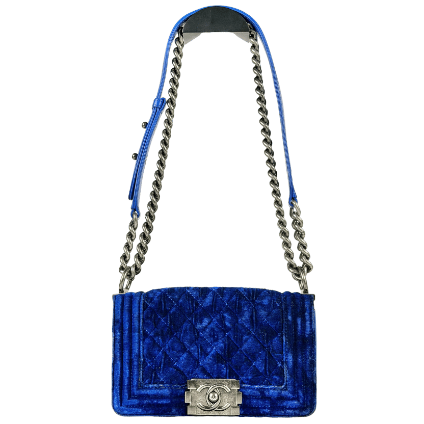 CHANEL Blue Quilted Mini Boy Bag With Antique Silver Hardware