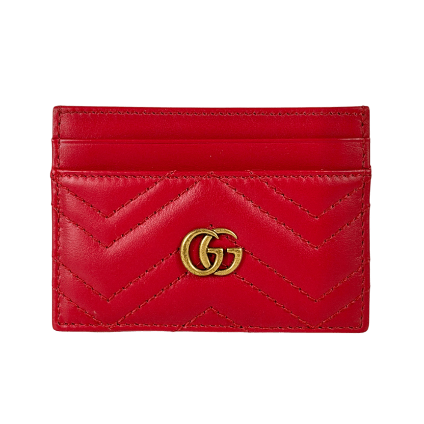 GUCCI Red/ Gold  Quilted Chevron Nappa Leather GG Marmont Card Case
