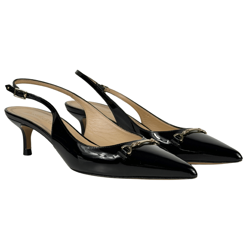 RUSSELL & BROMLEY Black Foxley Patent Slingback Heeled Shoes UK 4 EU 37 👠