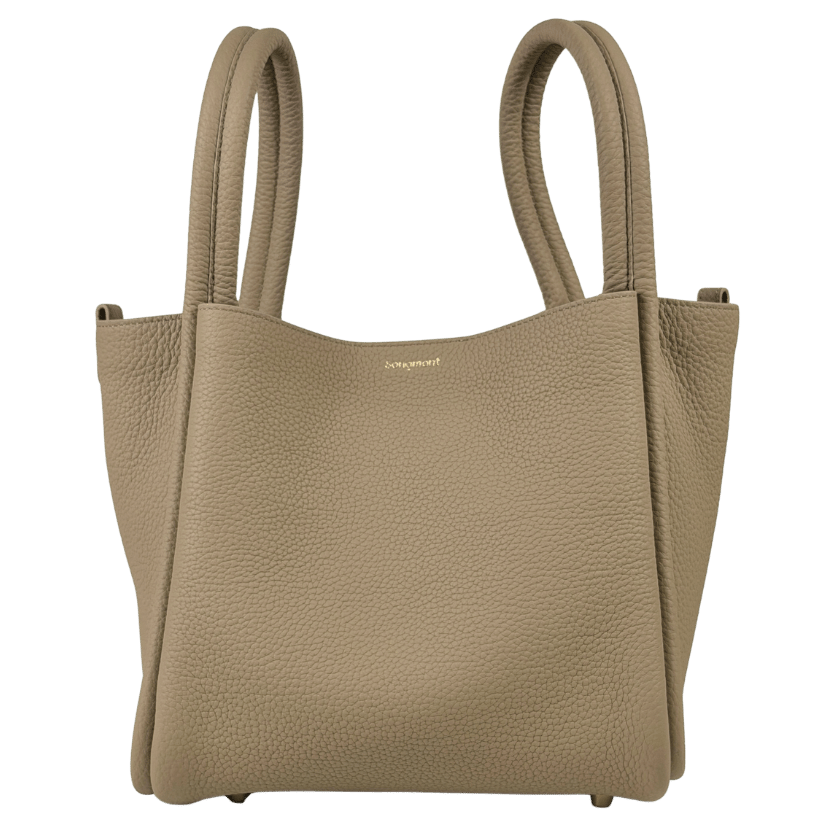 SONGMONT Taupe Beige Full Grain Leather Large Song Bucket Bag With Crossbody Strap