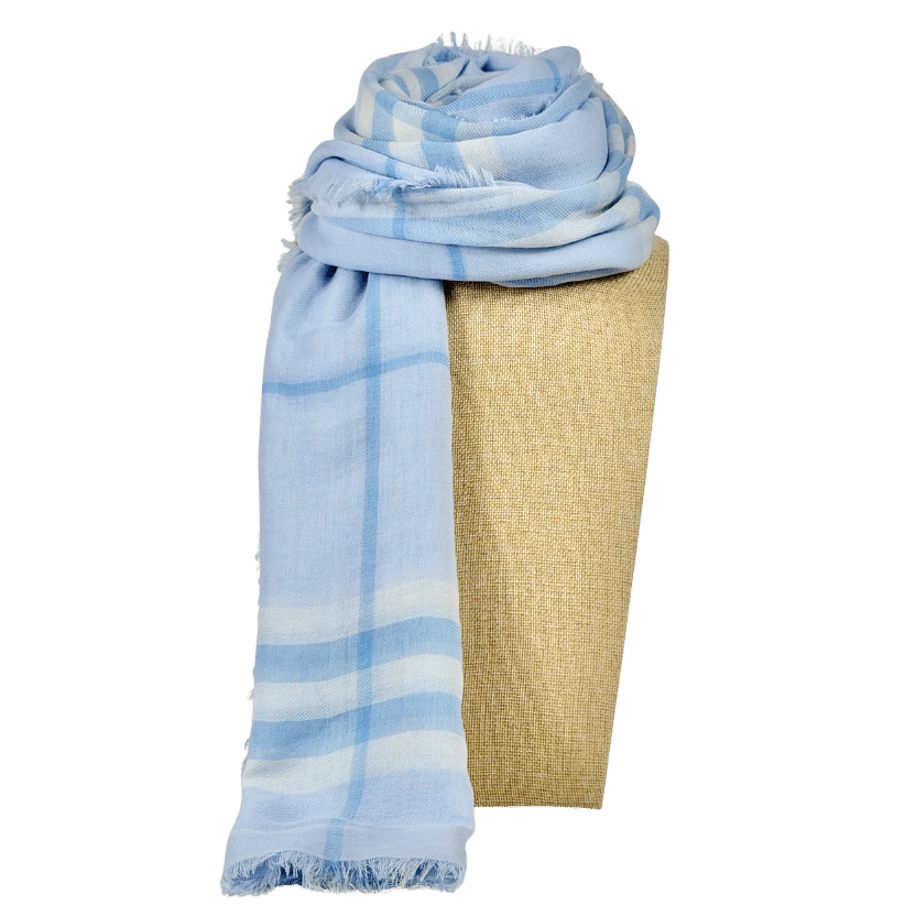 Burberry Blue 100% Wool Check Fringed Scarf