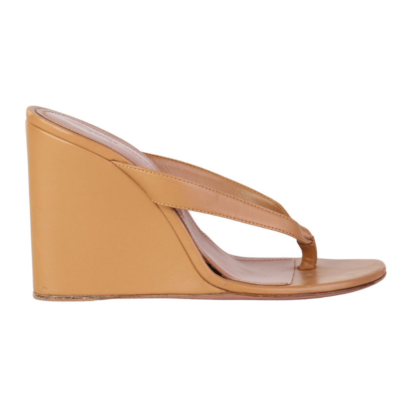 Amina Muaddi Beige Johana Leather Wedge Heels UK 4 EU 37 👠