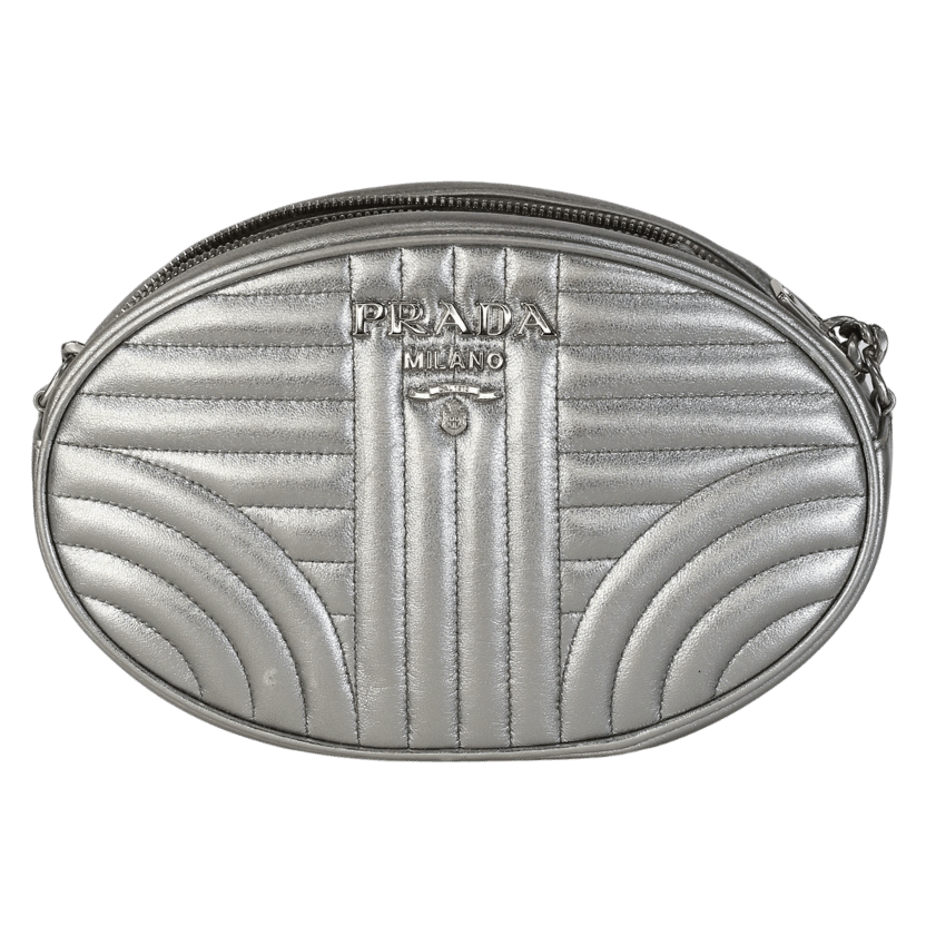 Prada Metallic Silver Diagramme Quilted Oval Crossbody Bag