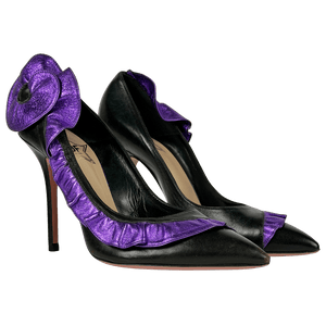 JF LONDON Black Leather Stiletto With Purple Frill Detail UK 6 EU 39