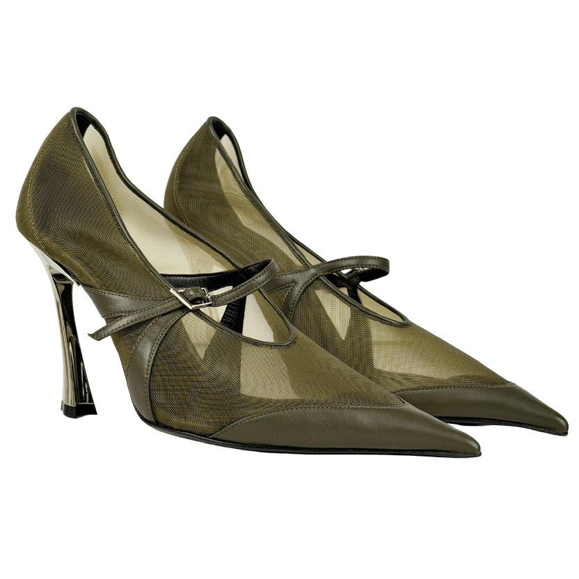 Mugler Green Leather And Mesh Mary Jane Sculptural Heel Shoes UK 7 EU 40 👠