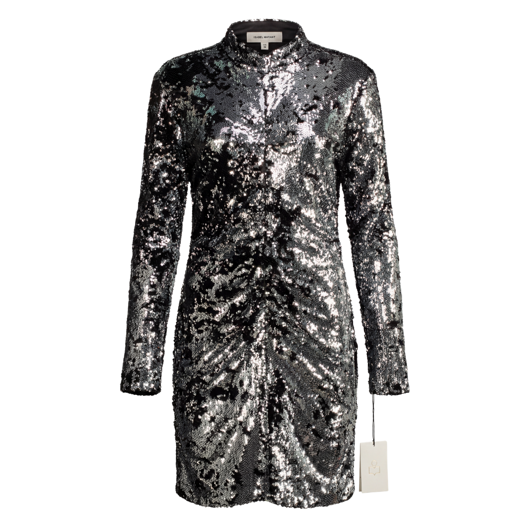 ISABEL MARANT Metallic Silver Marnela Sequin-embellished Minidress UK 14