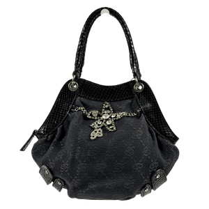 BLUMARINE Black Vintage Monogram Canvas  Leather Embellished Top Handle Bag