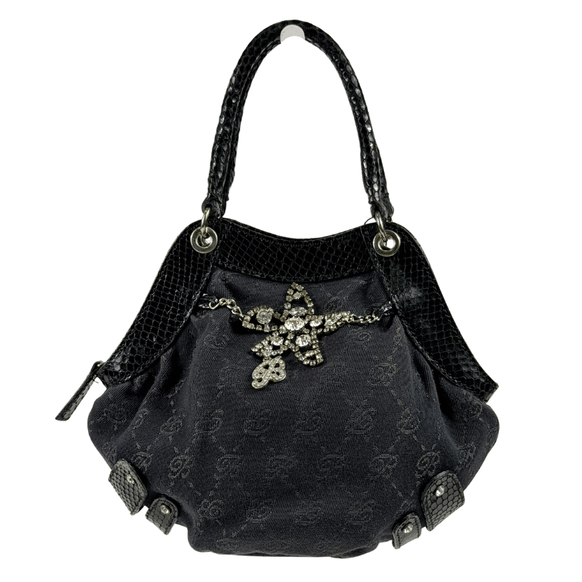 BLUMARINE Black Vintage Monogram Canvas  Leather Embellished Top Handle Bag