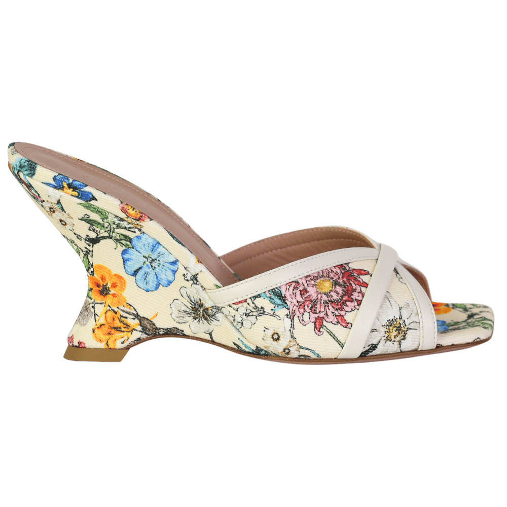 Malone Souliers Perla 85mm Canvas Wedge Sandals In Floral Cream UK 4 EU 37 👠
