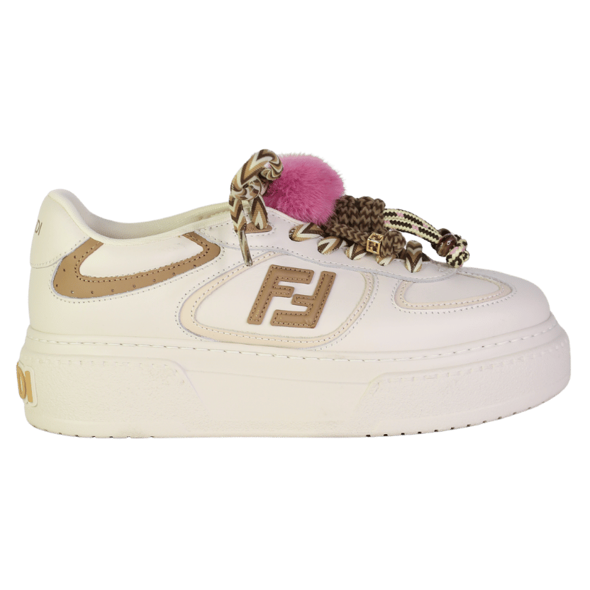 FENDI Match Low Top Platform  Shoes In Ivory White Leather With Charms UK 4 EU 37 👠