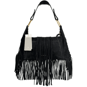 VANESSA BRUNO Black Epaule Fringed Suede Removable Strap Shoulder Bag One Size
