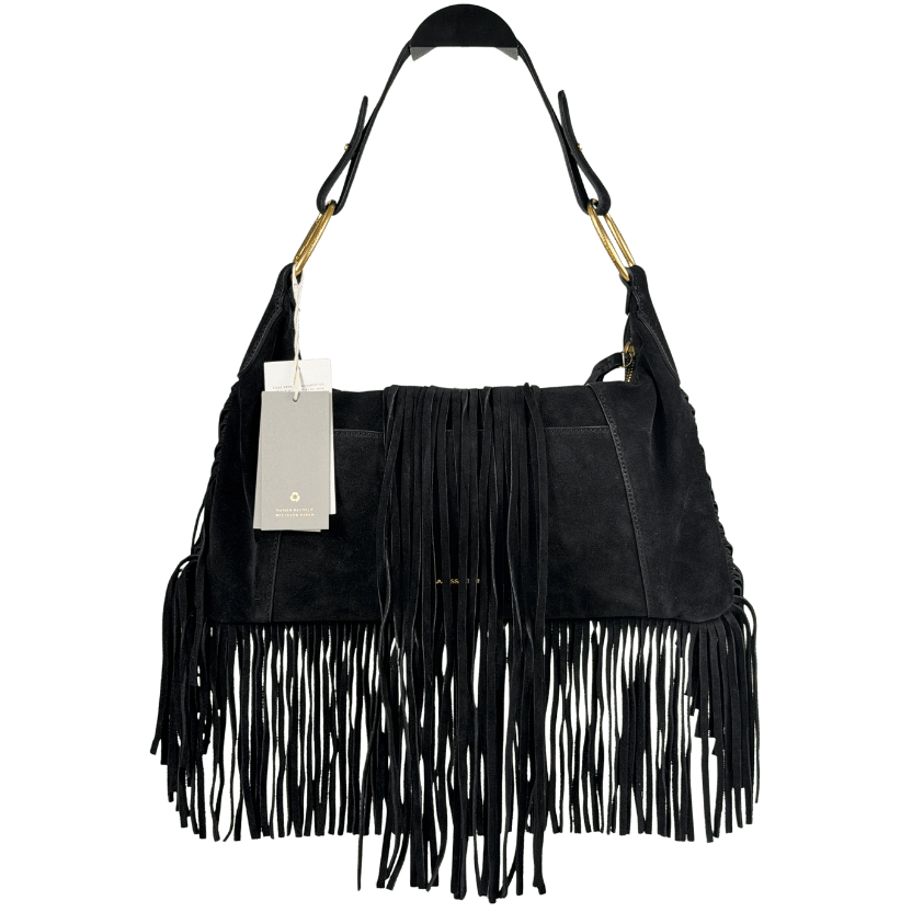 VANESSA BRUNO Black Epaule Fringed Suede Removable Strap Shoulder Bag One Size