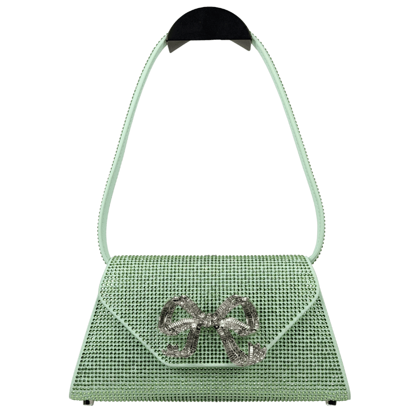 SELF PORTRAIT Mint Green The Bow Crystal-embellished Faux-leather Shoulder Bag