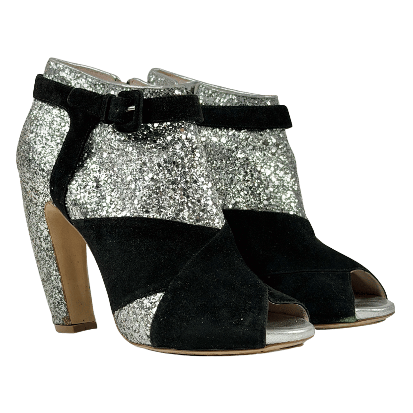MIU MIU Black / Silver Runway Collection Glitter Suede Peep-toe Ankle Boots UK 8 EU 41 👠
