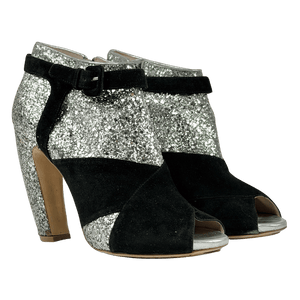MIU MIU Black / Silver Runway Collection Glitter Suede Peep-toe Ankle Boots UK 8 EU 41