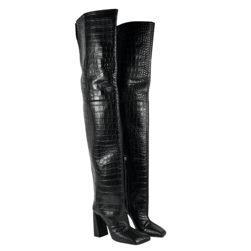 AMINA MUADDII Black Leather Croc Embossed Over-the Knee Boots UK 5 EU 38