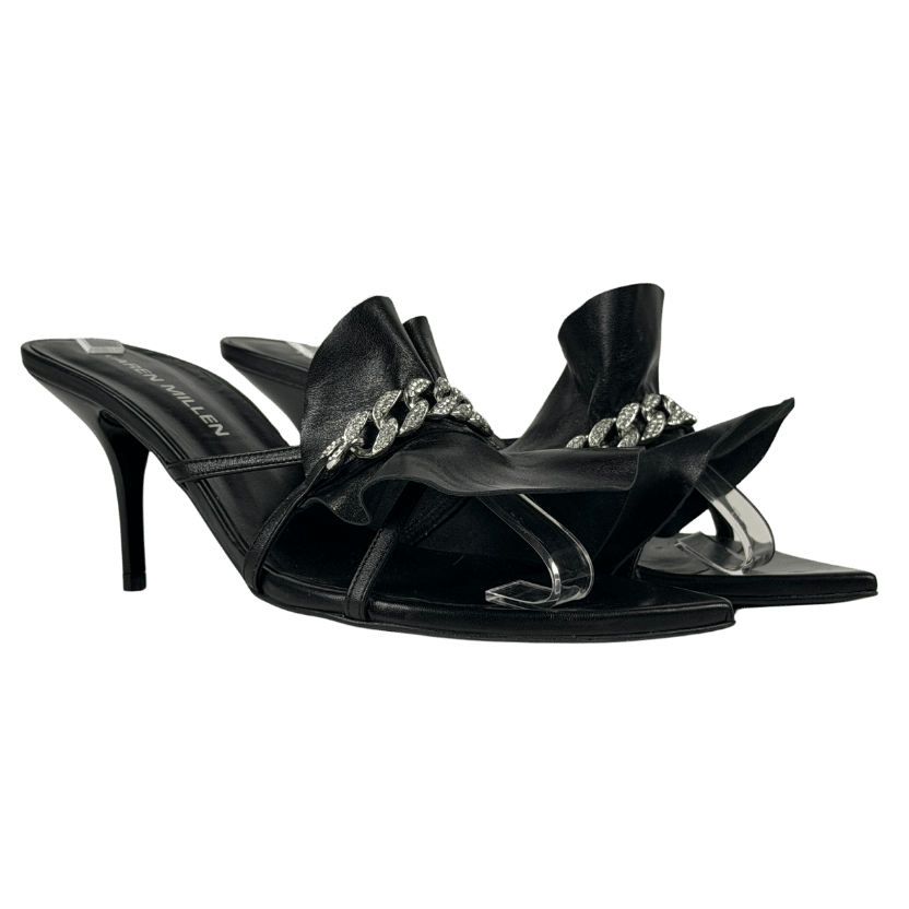 KAREN MILLEN Black Ruffle Leather Chain Detail Pointed Toe Mules UK 7 EU 40