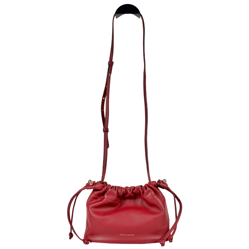 STRATHBERRY Oxblood Leather Charlotte Drawstring Pouch Bag with Shoulder Strap