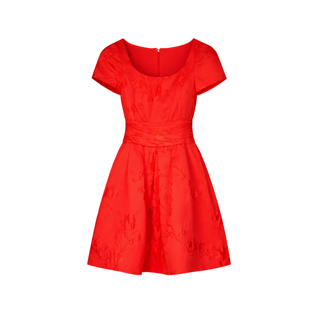 Oscar de la Renta Red Silk Jacquard Scoop Neck Dress UK 8