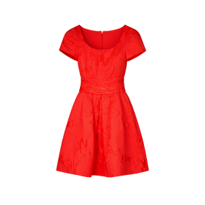 Oscar de la Renta Red Silk Jacquard Scoop Neck Dress UK 8