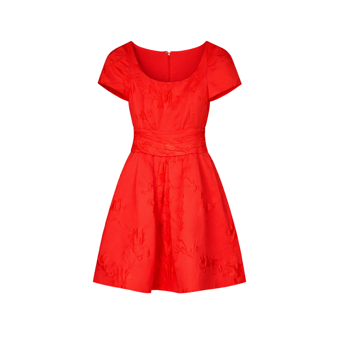 Oscar de la Renta Red Silk Jacquard Scoop Neck Dress UK 8