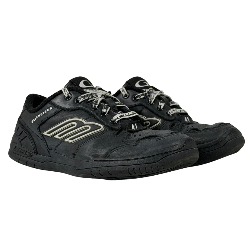 Balenciaga Black Hamptons Logo-appliquéd Distressed Leather Trainers UK 7 EU 41
