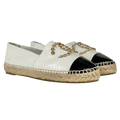 CHANEL White / Black Leather Crystal CC Cap Toe Flat Espadrilles UK 5 EU 38 👠