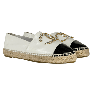 CHANEL White / Black Leather Crystal CC Cap Toe Flat Espadrilles UK 5 EU 38 👠