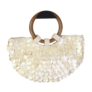 ZARA Cream Crteam Shell Embellished Bag With Wooden Handles And Gold Chain Strap One Size