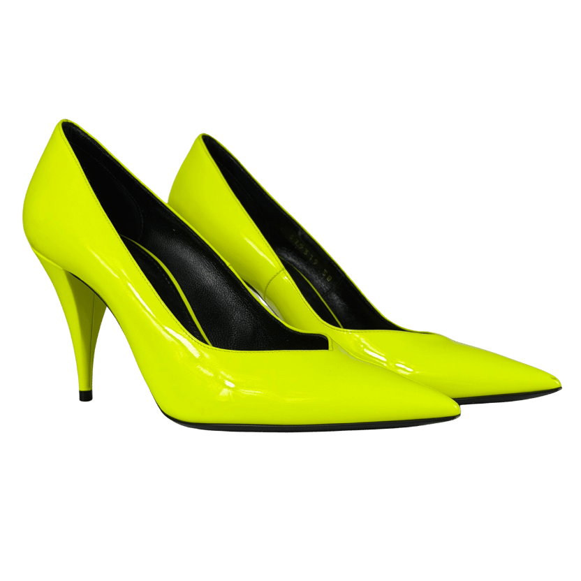 SAINT LAURENT Kiki Décolleté 85mm Heels In Yellow Fluo Patent Leather UK 5 EU 38