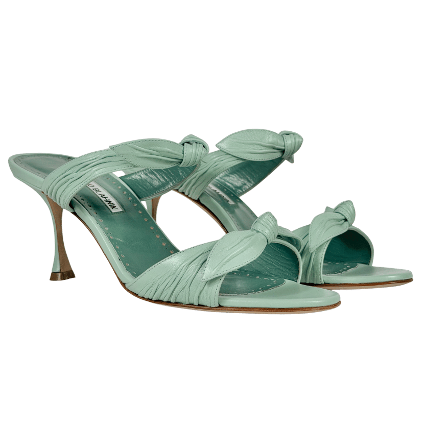 MANOLO BLAHNIK Mint Green Leather Lollo 70 Knot Mule Heels UK 7 EU 40
