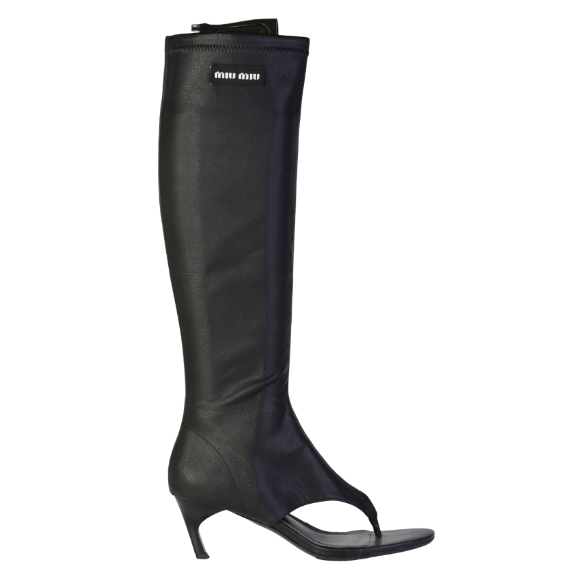 Miu Miu Black Nappa Leather Stretch Thong logo  Heel Boots UK 5 EU 38 👠